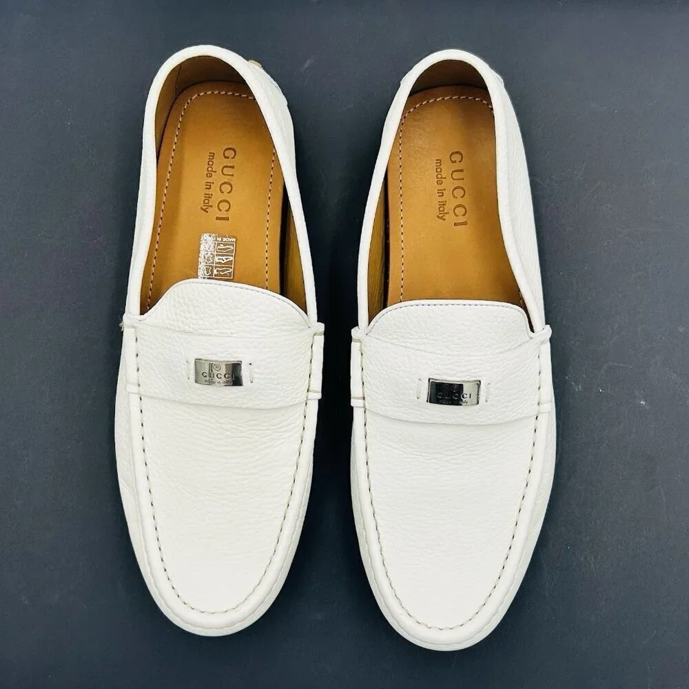 Gucci Men's White Scotch Grain Leather Driving Shoes Size US 9.5 G 9 EUR 43 NEW - Picture 2 of 14